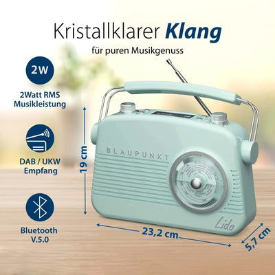 Nostalgieradio mit DAB+ im Retro-Design, Bluetooth 5.0, 2W Klang, UKW Empfang, und LC-Display.