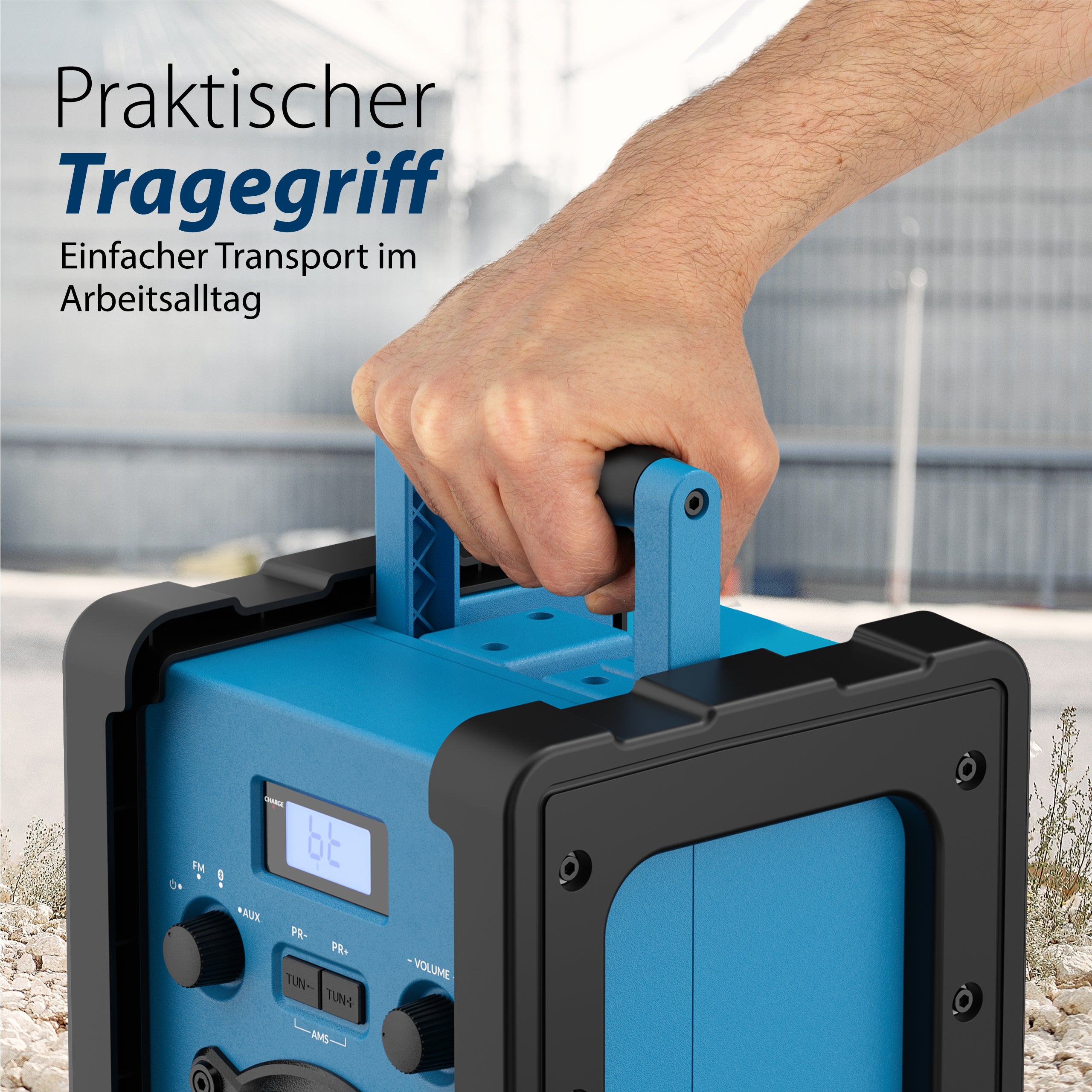 Nahaufnahme Griff - Baustellenradio mit DAB+ und Akku | BSR 300