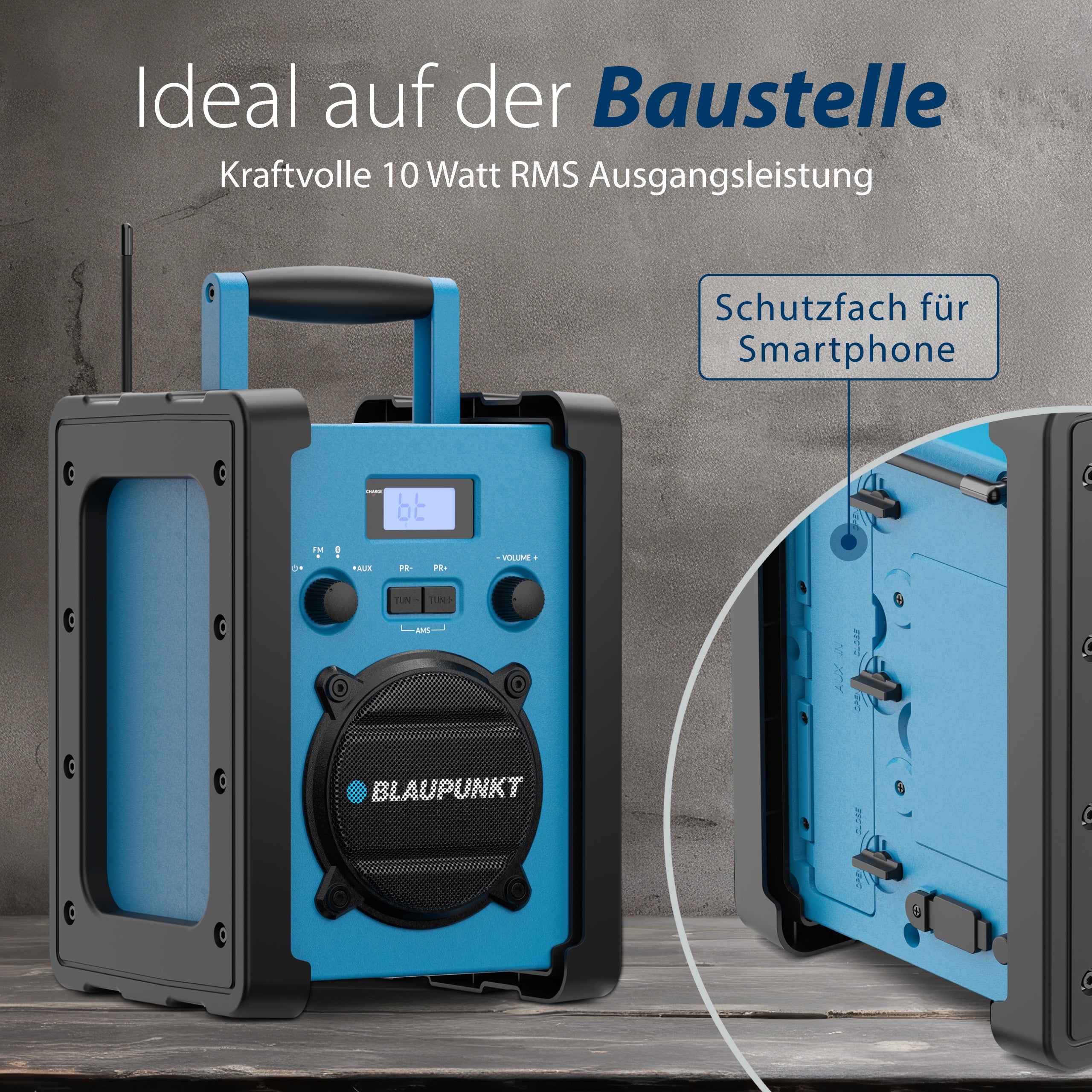 Technische Details - "Schutzfach für Smartphone" - Baustellenradio mit DAB+ und Akku | BSR 300