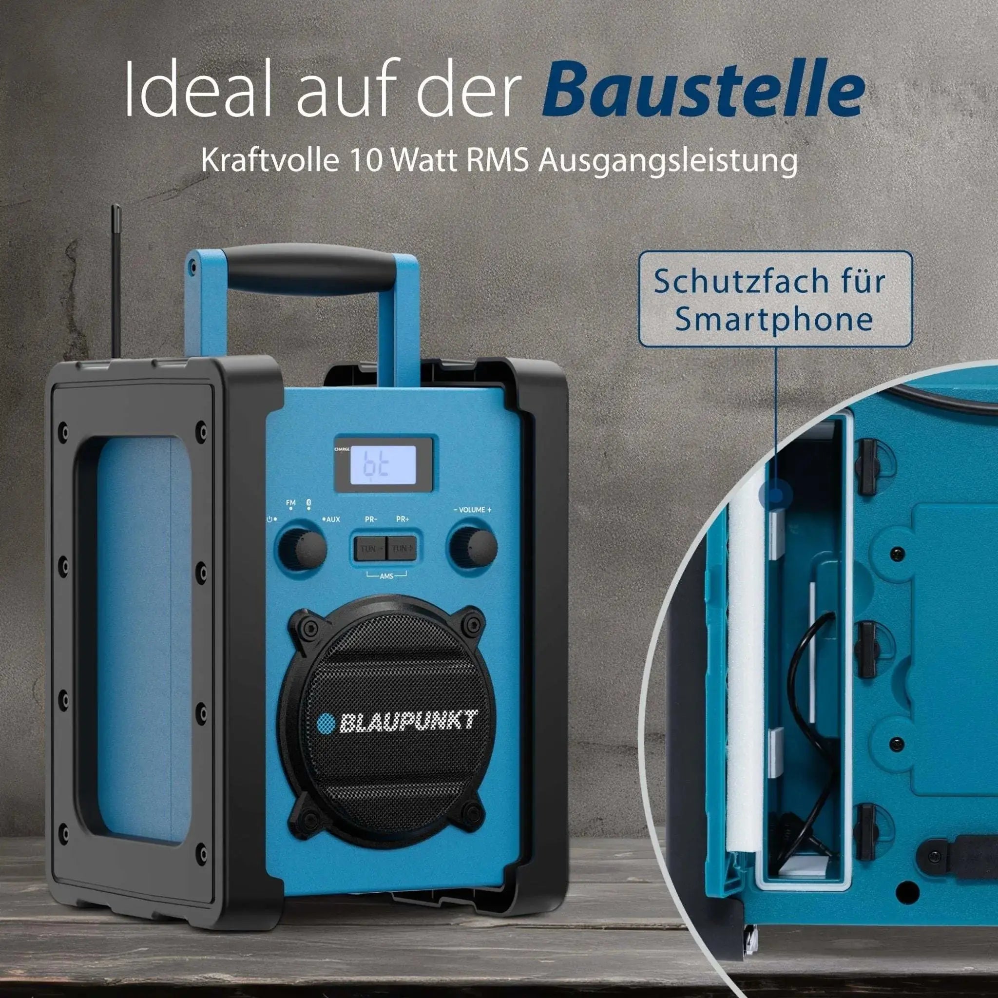 Baustellenradio mit Akku BSR 30 in blau mit robustem Gehäuse, 10 Watt RMS, Schutzfach für Smartphone, ideal für Baustellengebrauch