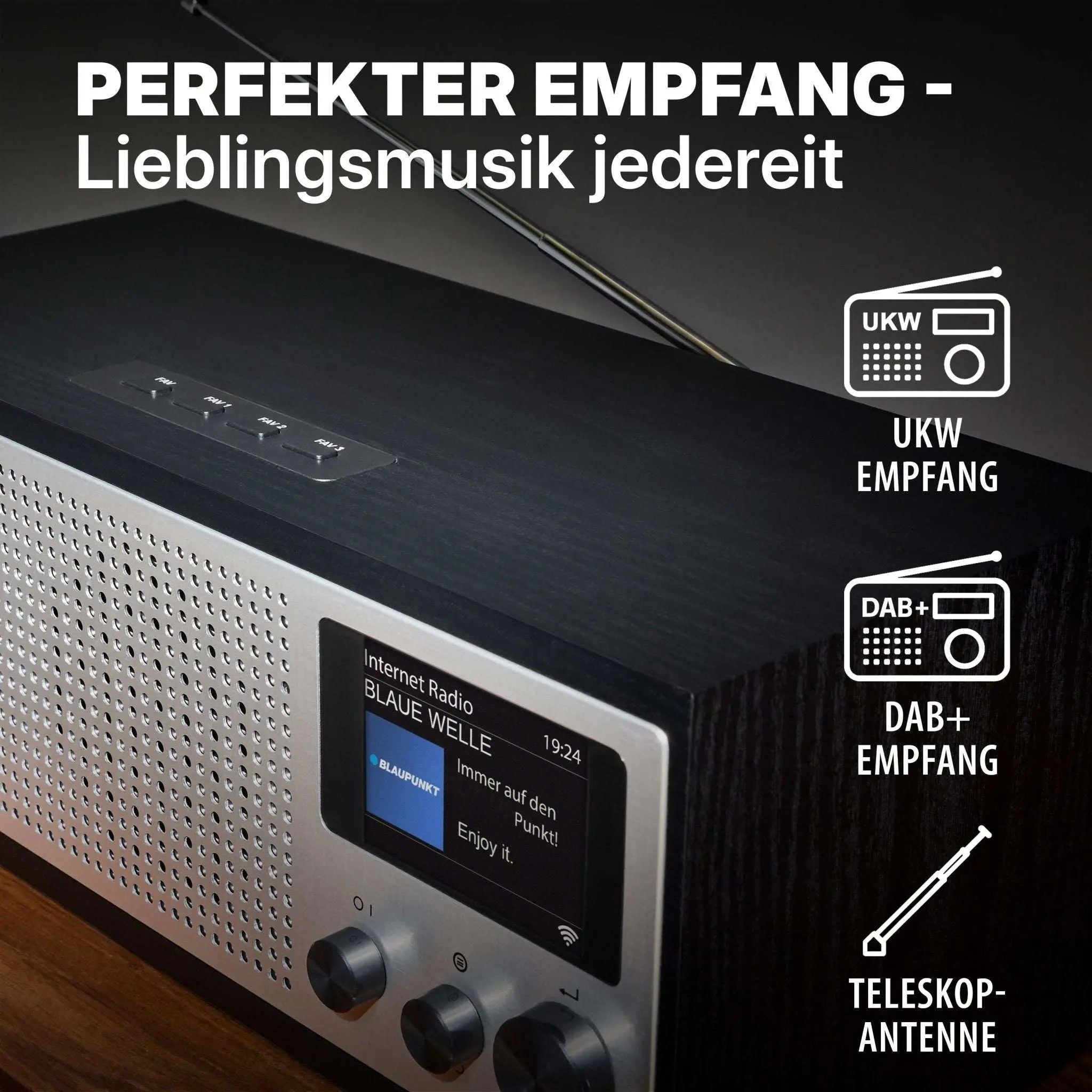 Internetradio mit DAB+ Blaupunkt Napoli in schwarzem Holzgehäuse mit Farbdisplay, Drehreglern und Teleskopantenne