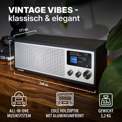 Internetradio mit DAB+ Blaupunkt Napoli im Vintage-Design mit Holzoptik, Aluminiumfront und 3,2 Zoll Farbdisplay, 2x10 Watt RMS Soundleistung.