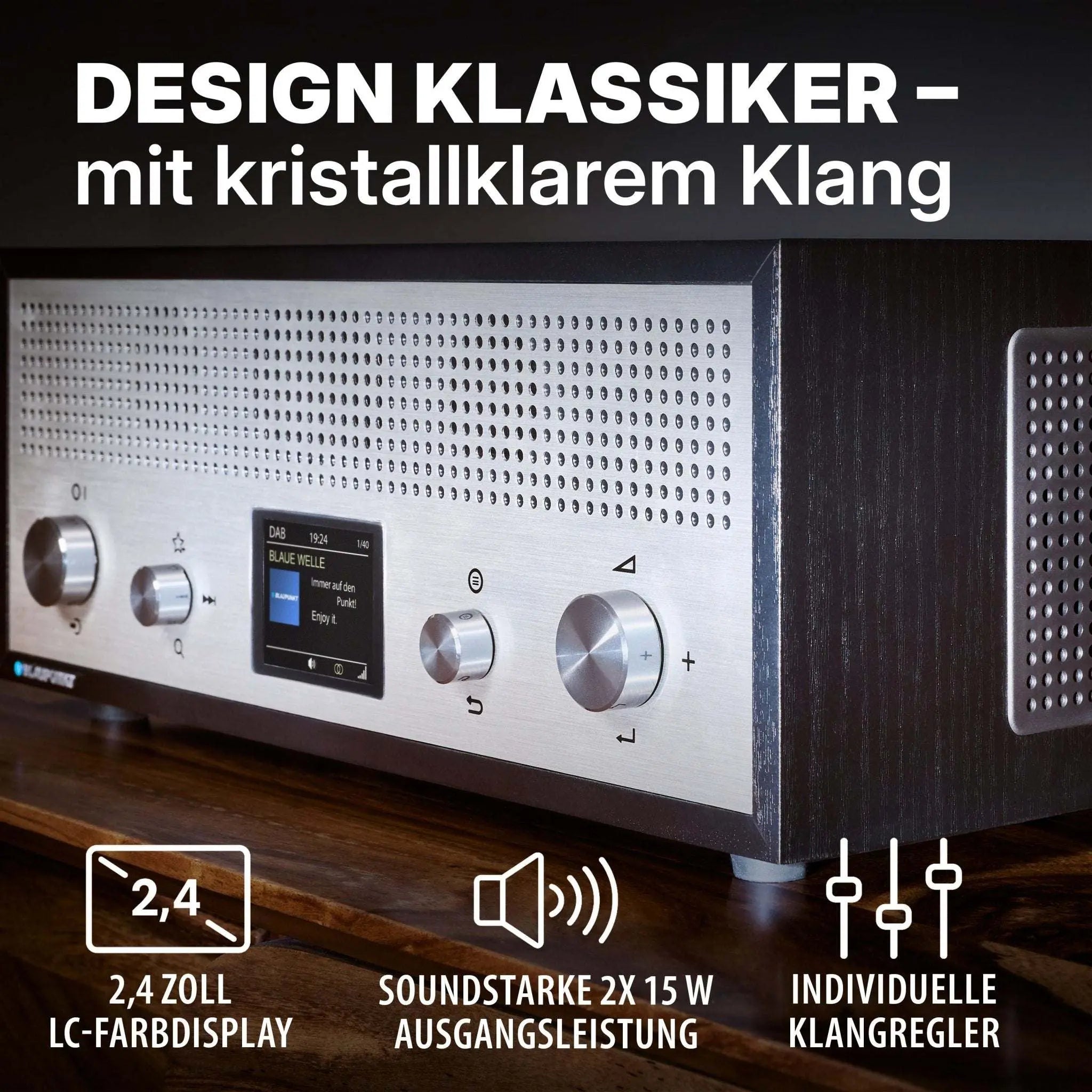 Nostalgieradio mit DAB+ Blaupunkt Verona schwarz Retrodesign Bluetooth USB AUX-In Holzkorpus Aluminiumelemente LCD-Display
