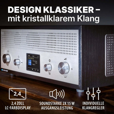 Nostalgieradio mit DAB+ Blaupunkt Verona schwarz Retrodesign Bluetooth USB AUX-In Holzkorpus Aluminiumelemente LCD-Display