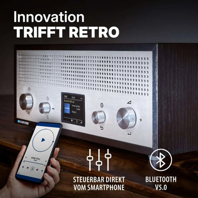 Nostalgieradio mit DAB+ und Bluetooth in Retrodesign mit Aluminiumfront und Holzgehäuse, steuerbar per Smartphone, schwarz