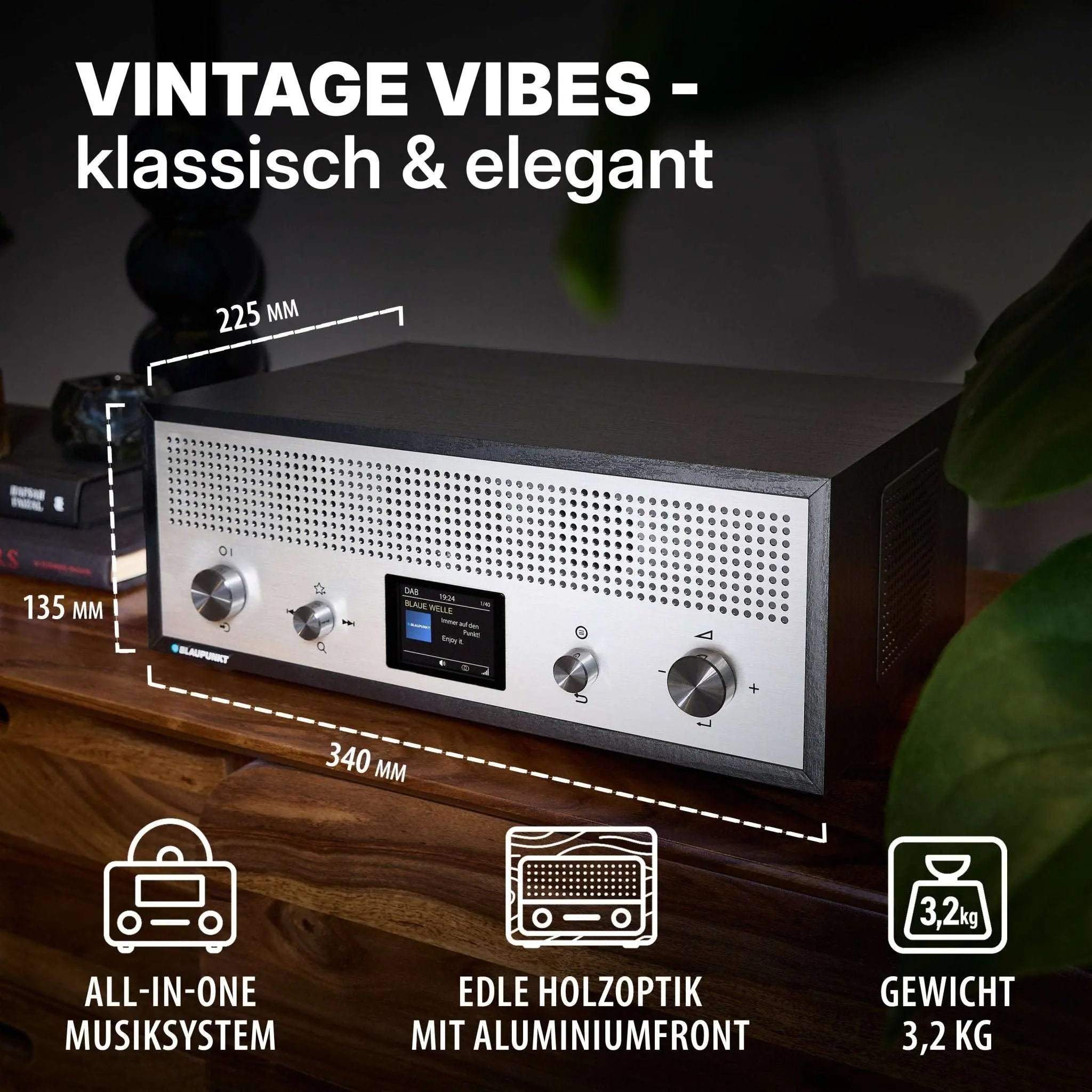 Nostalgieradio mit DAB+ in elegantem Retrodesign, Holzoptik und Aluminiumfront, Bluetooth und USB-Ladefunktion