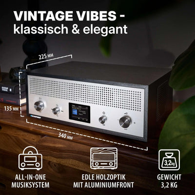 Nostalgieradio mit DAB+ in elegantem Retrodesign, Holzoptik und Aluminiumfront, Bluetooth und USB-Ladefunktion