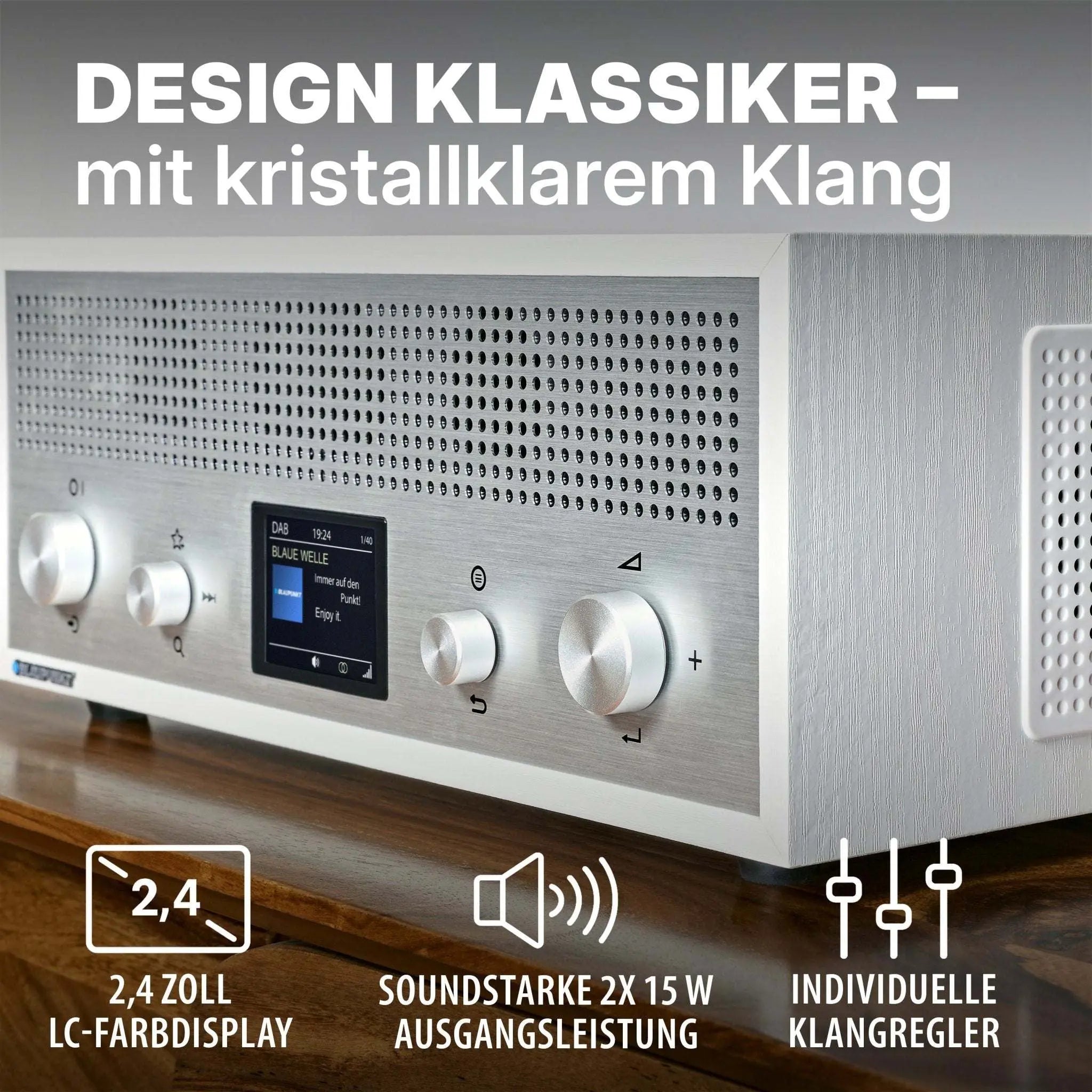 Nostalgieradio mit DAB+ und Bluetooth in elegantem Retrodesign mit 2,4 Zoll LC-Farbdisplay und 15 Watt Soundleistung