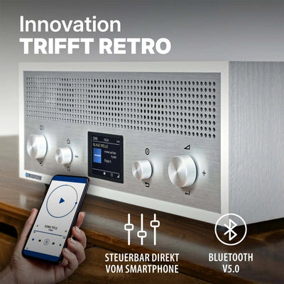 Weißes Nostalgieradio mit DAB+ und Bluetooth V5.0, Aluminiumfront und Smartphone-Steuerung
