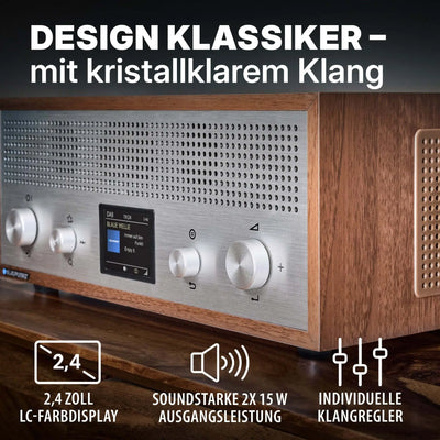 Nostalgieradio mit DAB+ Blaupunkt Verona im Retro Walnussdesign mit Bluetooth und 2,4 Zoll Farbdisplay.