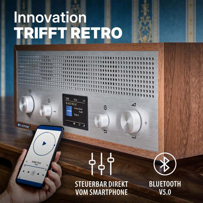 Nostalgieradio mit DAB+ und Bluetooth in Walnuss-Design mit modernem Retrolook und Smartphone-Steuerung
