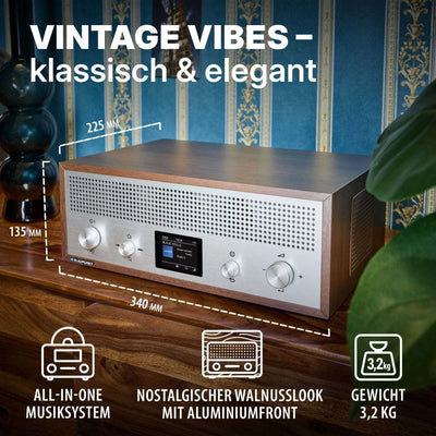 Nostalgieradio mit DAB+ im eleganten Walnussdesign mit Aluminiumfront und Bluetooth, 15 Watt Lautsprecher, USB-Ladefunktion, AUX-In und Teleskopantenne