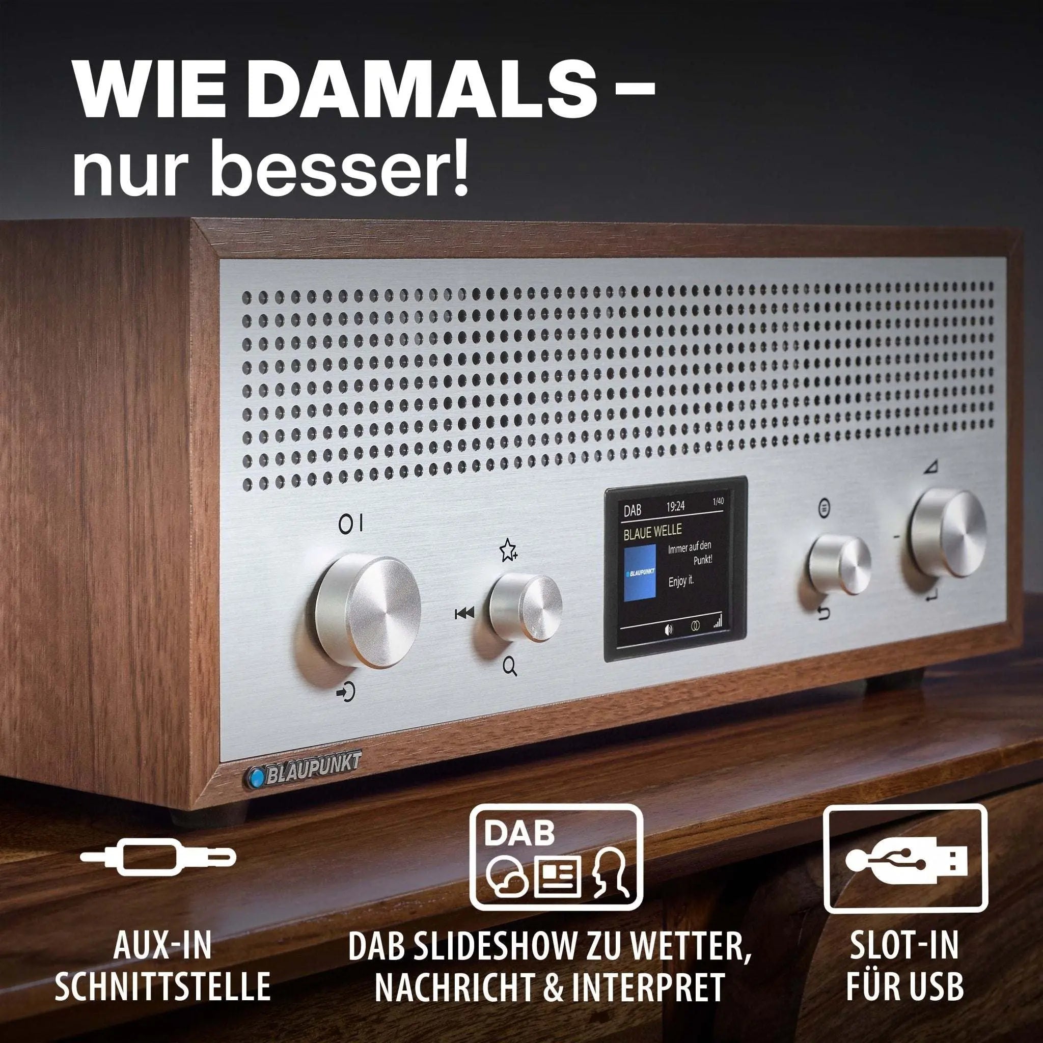 Nostalgieradio mit DAB+ im Retrodesign mit Bluetooth, AUX-In, USB-Ladefunktion und Holz-Aluminium-Gehäuse