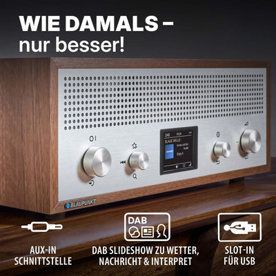 Nostalgieradio mit DAB+ im Retrodesign mit Bluetooth, AUX-In, USB-Ladefunktion und Holz-Aluminium-Gehäuse