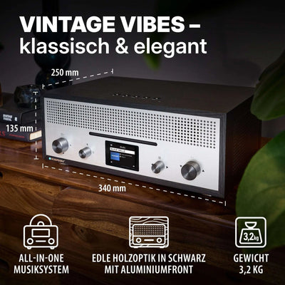 Blaupunkt MILANO Internetradio mit CD, schwarzes Holzgehäuse und Aluminiumfront, klassisches Retro-Design, Maße 340x250x135 mm, 3,2 kg, All-in-One Musiksystem