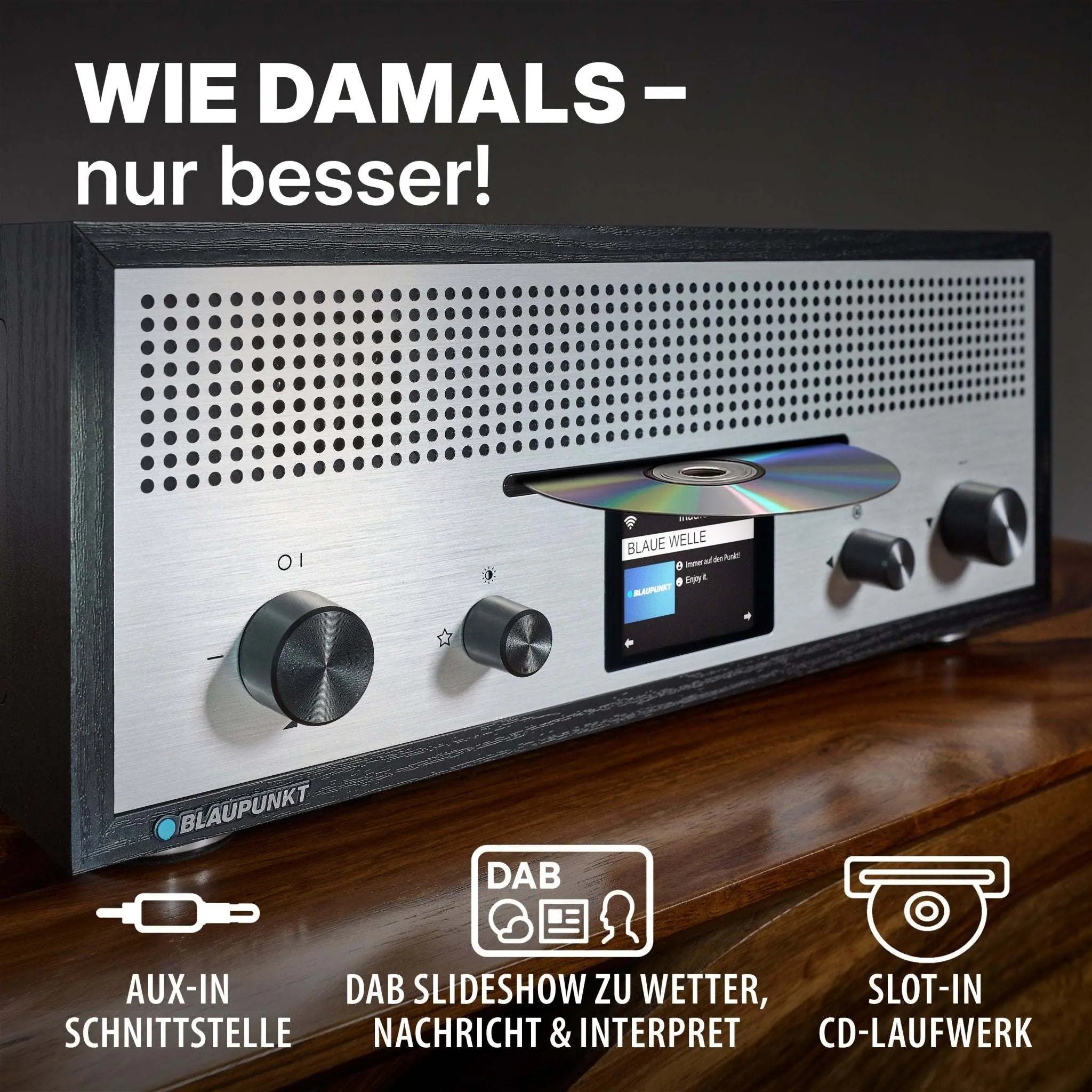 Blaupunkt MILANO Internetradio mit CD, Retro-Design, Aluminiumfront, Slot-In CD-Laufwerk, DAB+, AUX-In, Bluetooth, Holzgehäuse schwarz