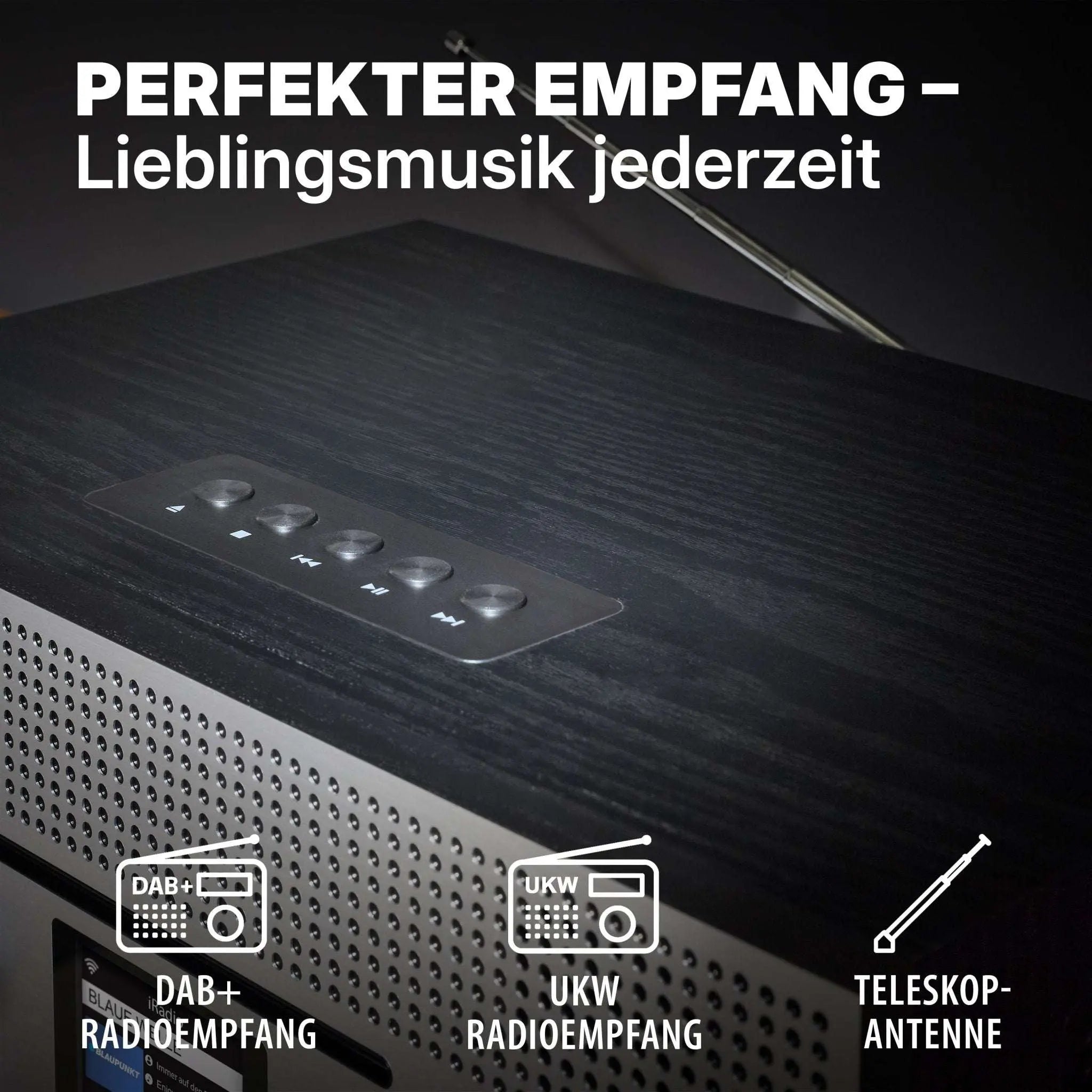 Blaupunkt MILANO schwarzes Internetradio mit CD, DAB+ und UKW Empfang, Teleskopantenne und Retro-Holzdesign