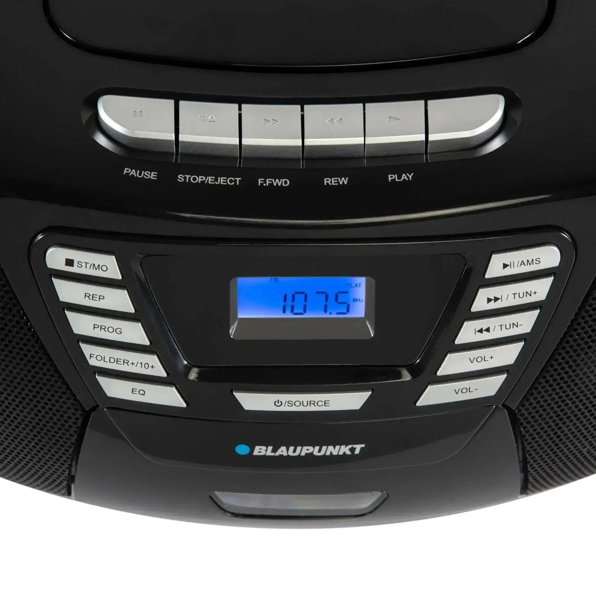 Close-up of Blaupunkt B 120 black boombox with CD player and digital display tuned to 107.5 MHz radio station