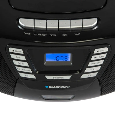 Close-up of Blaupunkt B 120 black boombox with CD player and digital display tuned to 107.5 MHz radio station