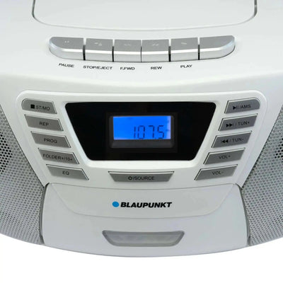 Blaupunkt B 120 white boombox with CD player, radio, cassette deck, and blue LCD display for kids