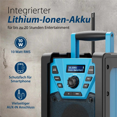 Baustellenradio mit DAB+, integriertem Lithium-Ionen-Akku, 10 Watt RMS, Smartphone-Schutzfach, AUX-IN Anschluss, blaues robustes Design