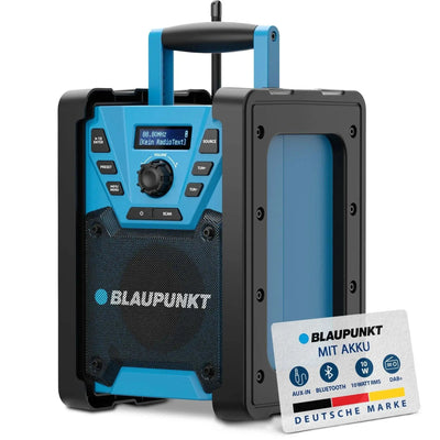 Baustellenradio mit DAB+, Akku, Bluetooth 5.3, IP45 Schutz und 10 Watt RMS Lautsprecher in blau-schwarzem Design