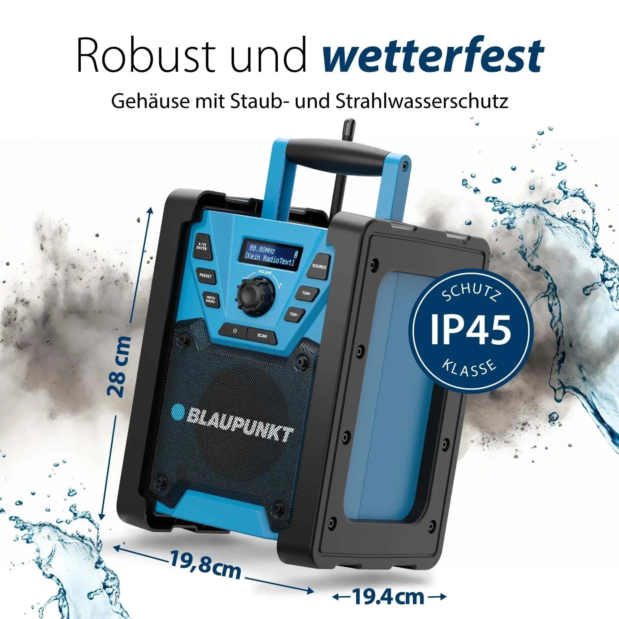 Baustellenradio mit DAB+ und Bluetooth, IP45 wetterfest, Akku-betrieben, 10 Watt RMS, robustes Gehäuse, transportabel Blaupunkt BSR 300
