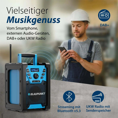 Baustellenradio mit DAB+, Bluetooth 5.3, Akku, robustem Gehäuse und integriertem Tragegriff für vielseitigen Musikgenuss auf der Baustelle