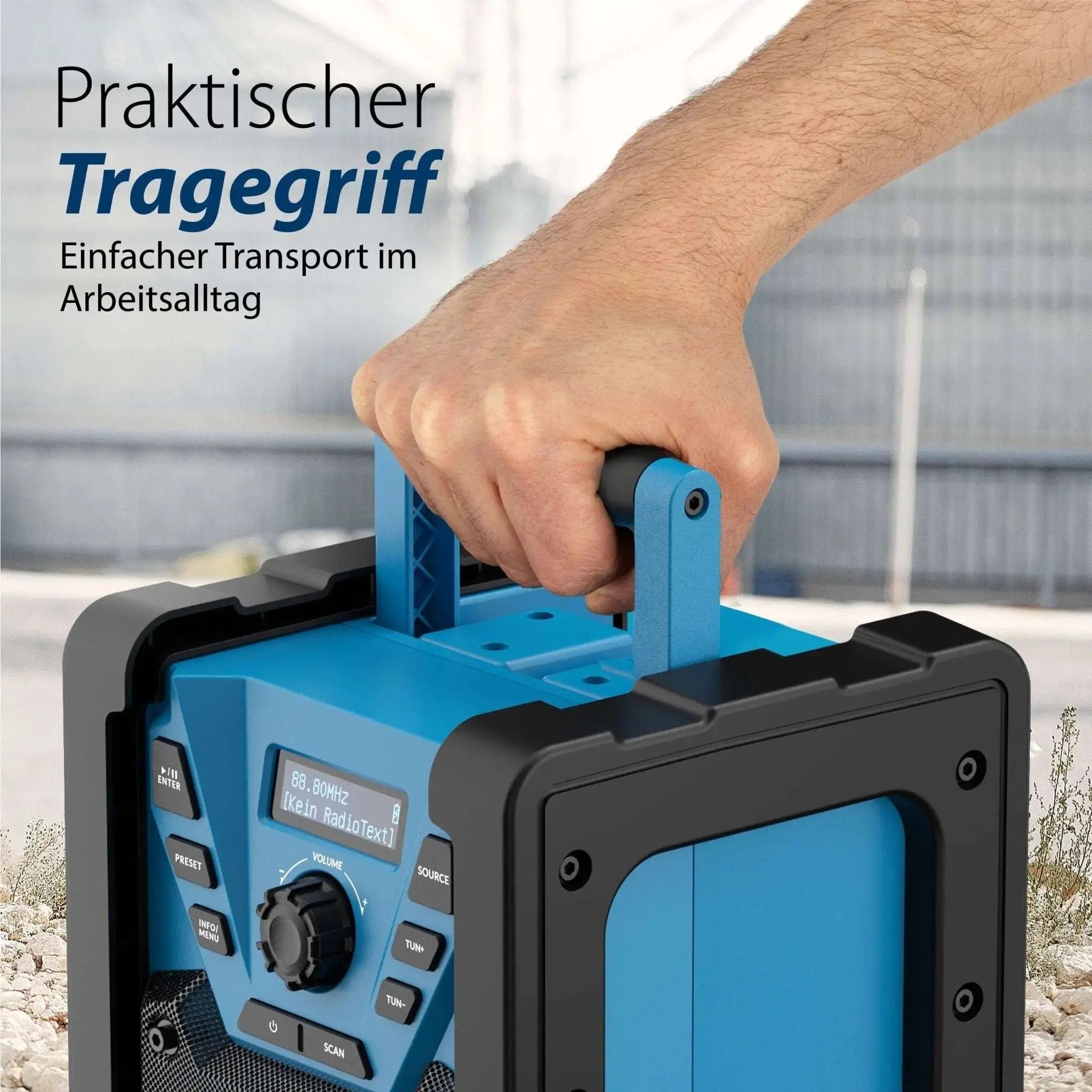 Baustellenradio mit DAB+ und praktischem Tragegriff für einfachen Transport auf der Baustelle