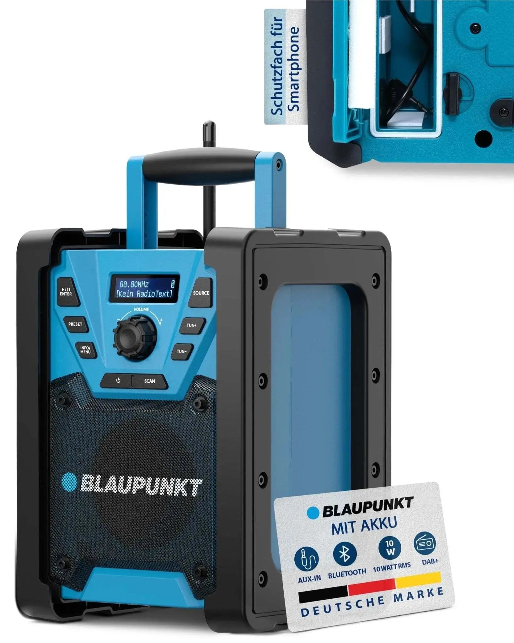 Baustellenradio mit DAB+, Akku, Bluetooth 5.3, IP45 Schutz und 10 Watt RMS Lautsprecher in blau-schwarzem robustem Gehäuse