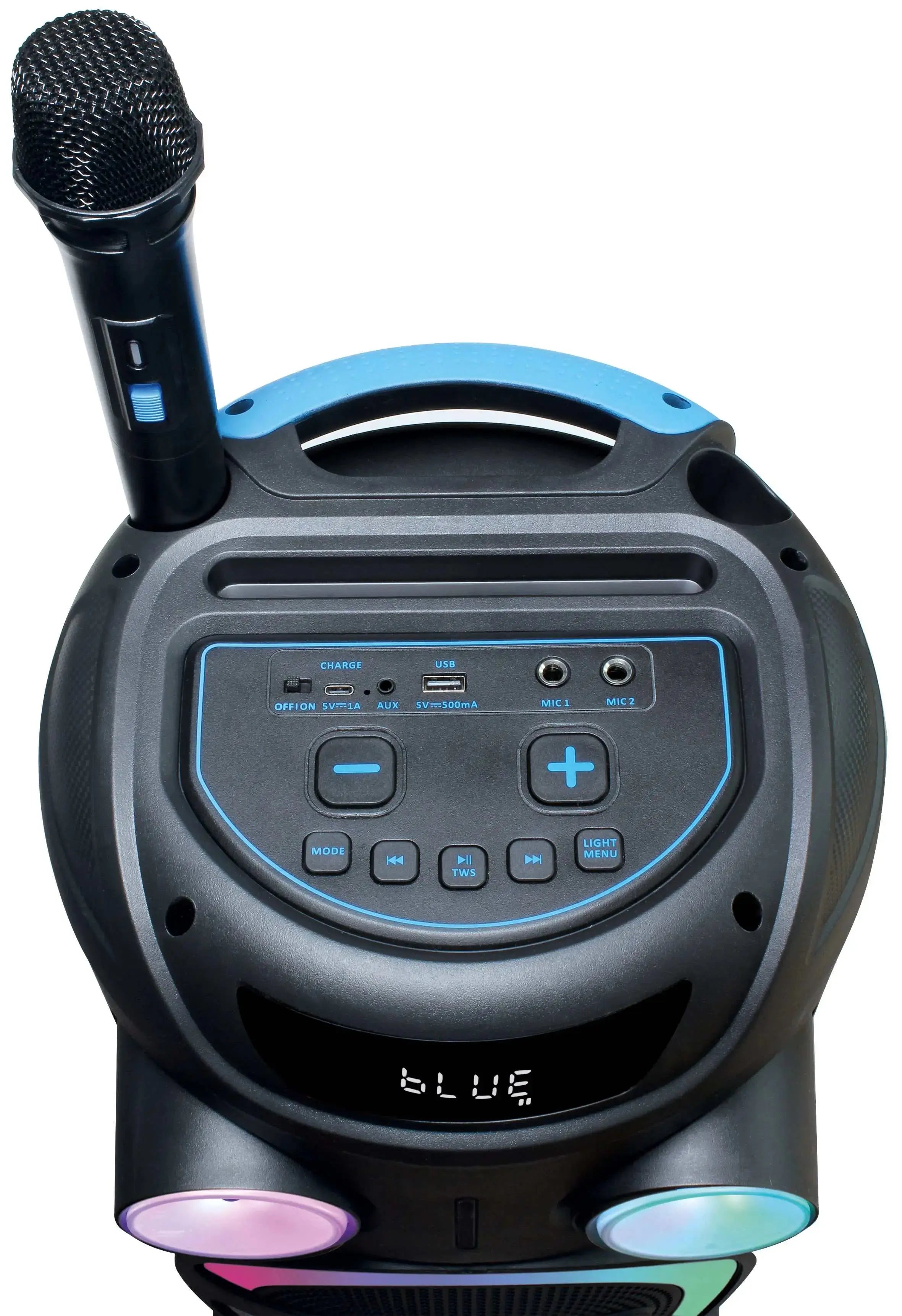 Nahaufnahme des Blaupunkt PS 3000 von oben, mit sichtbarer Bedienfläche und Mikrofon in der Halterung.