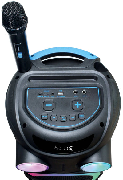 Nahaufnahme des Blaupunkt PS 3000 von oben, mit sichtbarer Bedienfläche und Mikrofon in der Halterung.