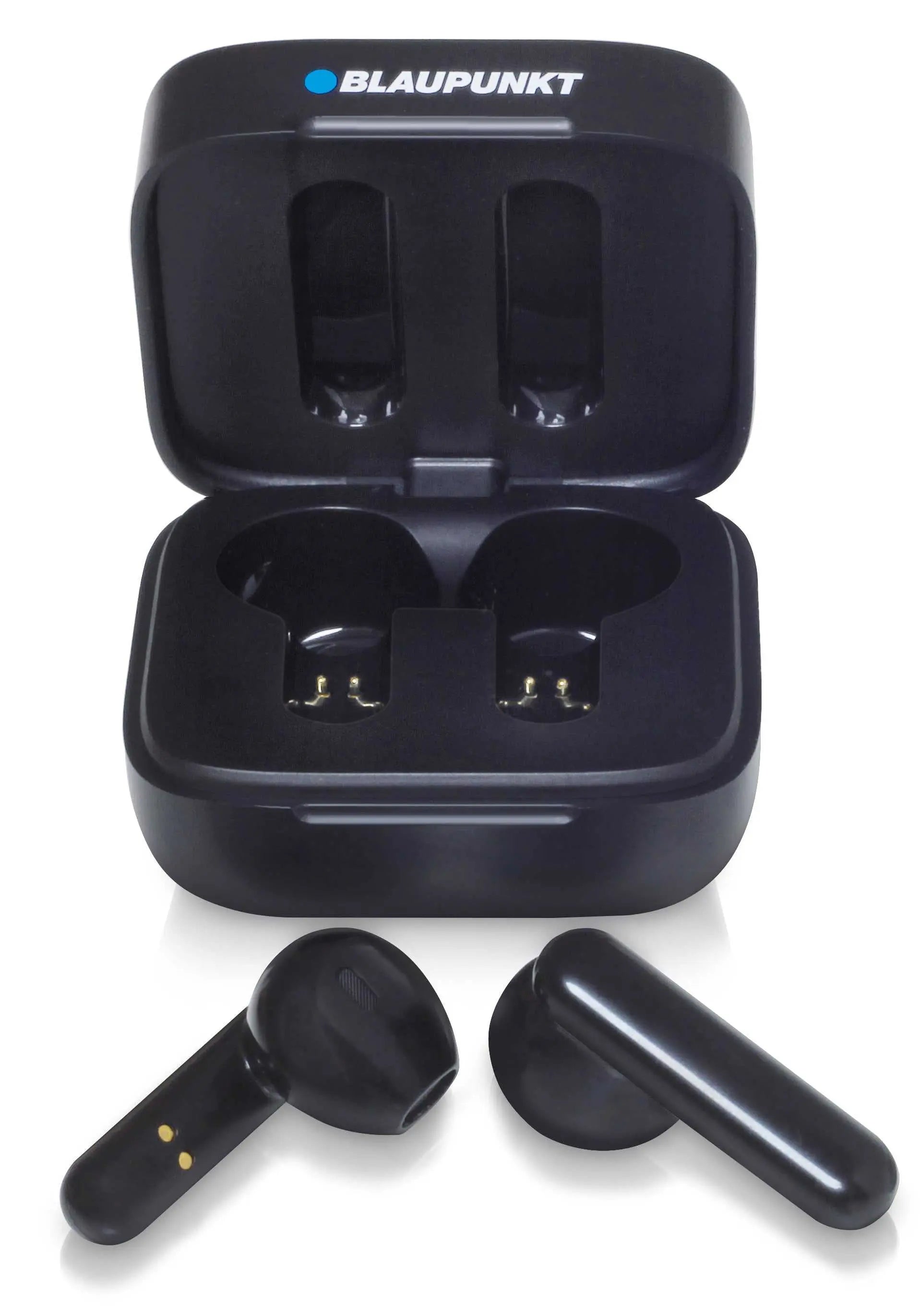 Schwarze TWS 40-Kopfhörer vor ihrem offenen Ladecase auf weißem Hintergrund.