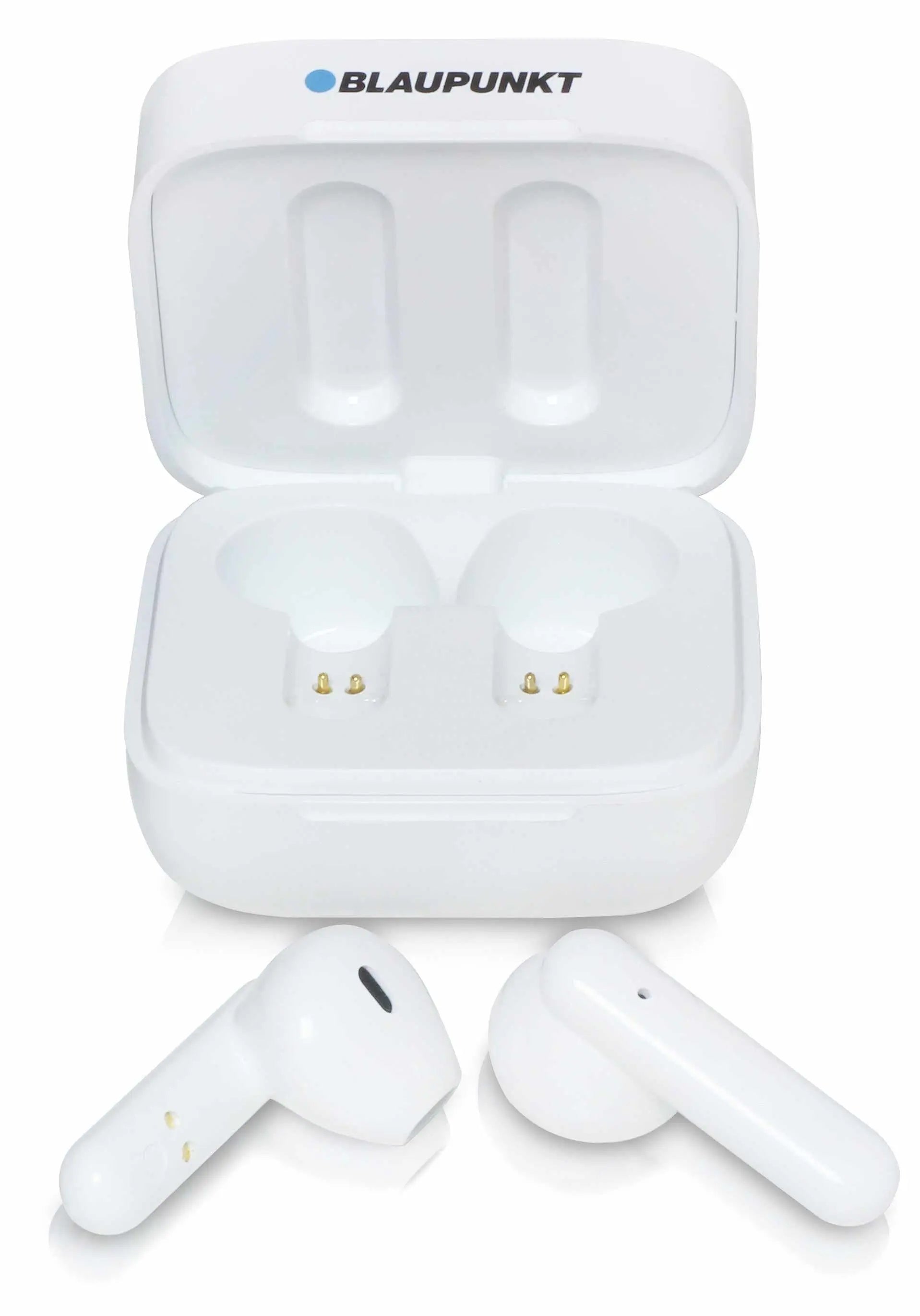 Weiße TWS 40-Kopfhörer vor offenem Ladecase auf weißem Hintergrund.