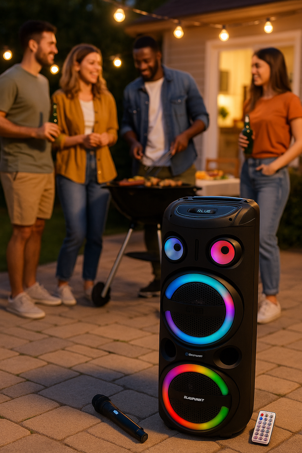 Blaupunkt PS 3000 Partylautsprecher auf einer Terrasse, im Hintergrund grillende Personen, vorne eingeblendet Mikrofon und Fernbedienung.