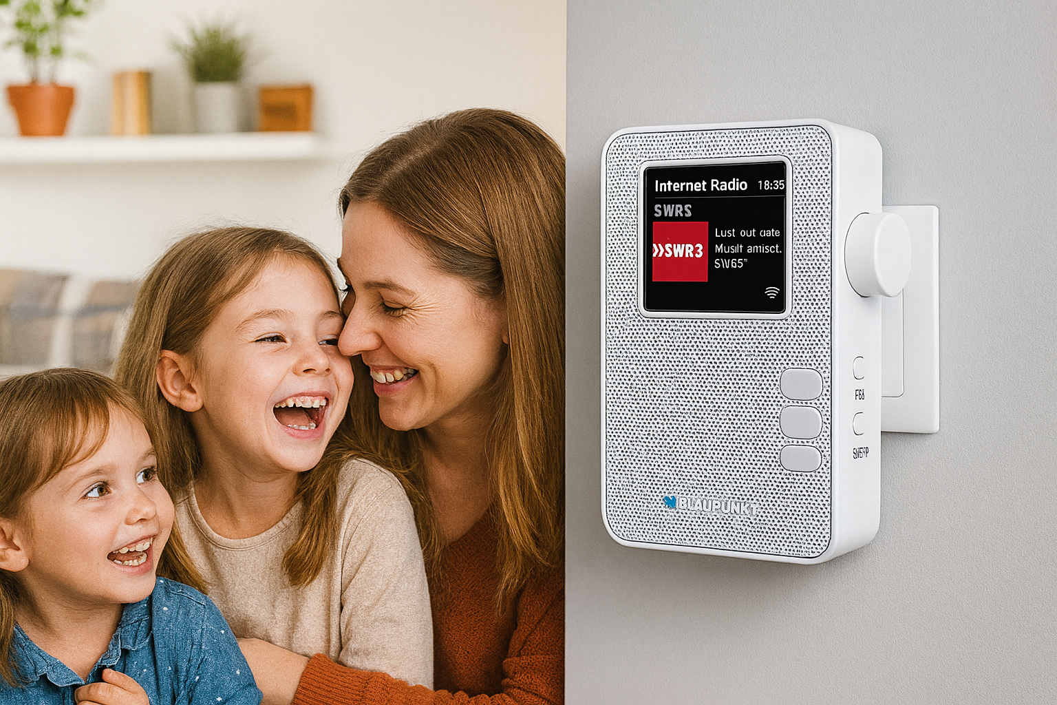 PIB 100 WH Steckdosen-Internetradio, an einer Steckdose angebracht, mit lachender Familie daneben.