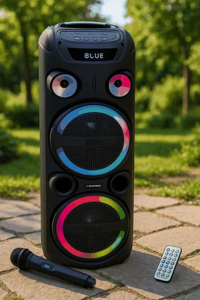 Blaupunkt PS 3000 Partylautsprecher draußen auf Stein im grünen mit daneben liegendem Mikrofon und Fernbedienung.