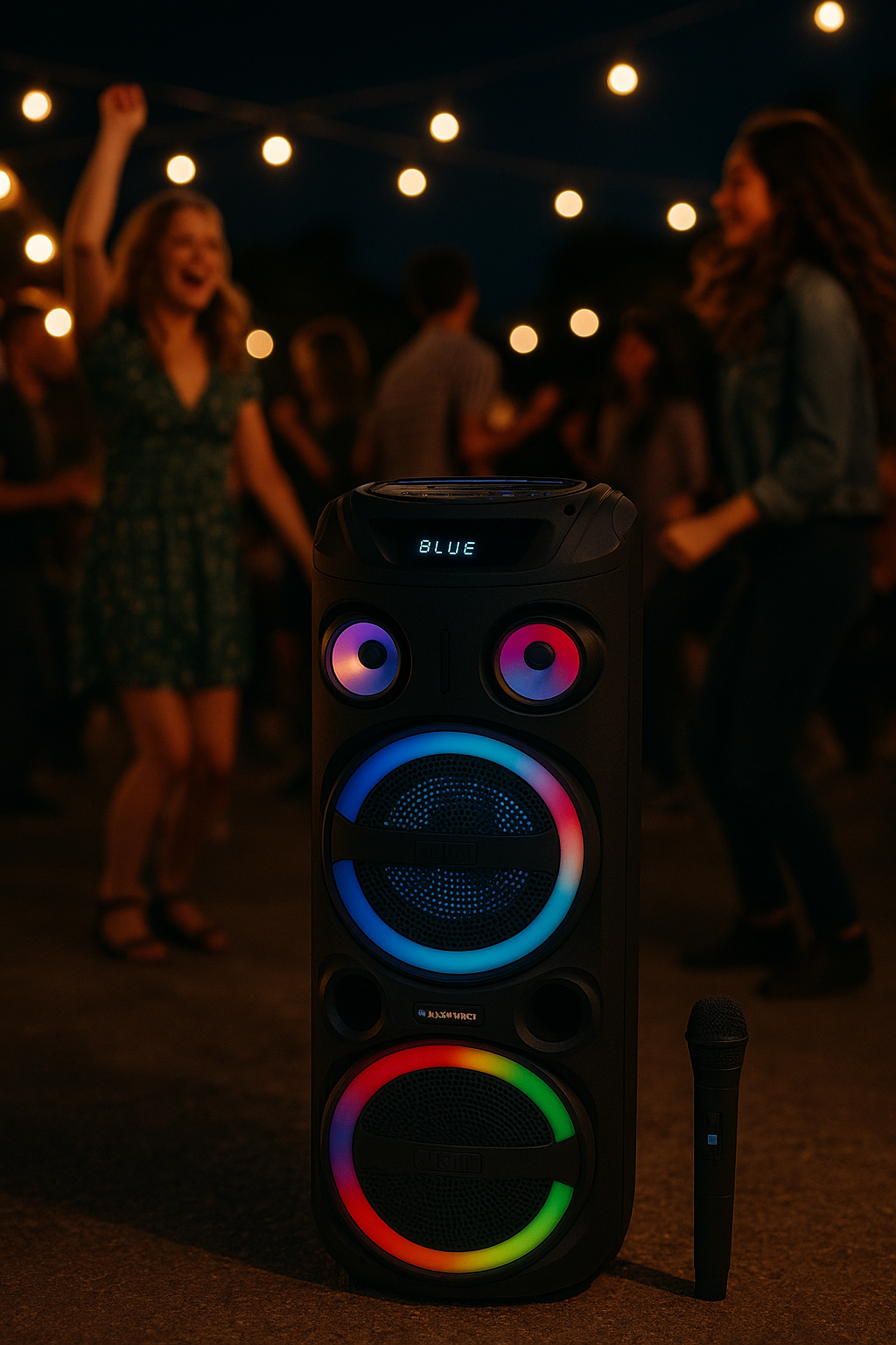 Blaupunkt PS 3000 Partylautsprecher draußen auf einer Party, mit tanzenden Menschen im Hintergrund und einem Mikrofon daneben.