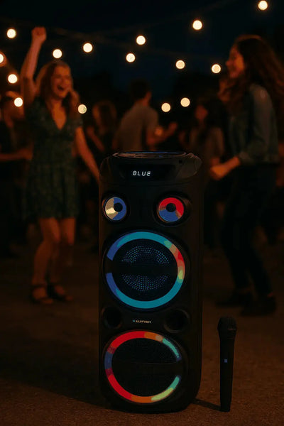 Blaupunkt PS 3000 Partylautsprecher draußen auf einer Party, mit tanzenden Menschen im Hintergrund und einem Mikrofon daneben.