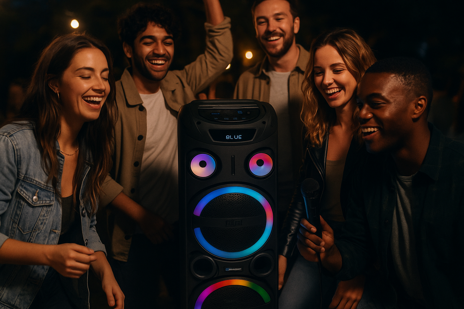 Blaupunkt PS 3000 Partylautsprecher, umgeben von fünf Personen, von denen eine ein Mikrofon hält.