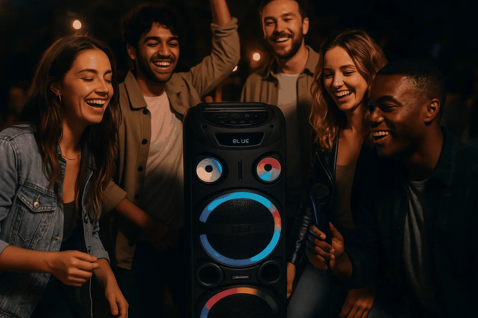 Blaupunkt PS 3000 Partylautsprecher, umgeben von fünf Personen, von denen eine ein Mikrofon hält.