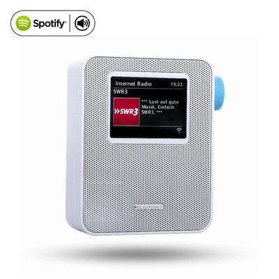 weißes Steckdosen Internetradio PIB 100 WH mit farbdisplay und Spotify Connect Logo