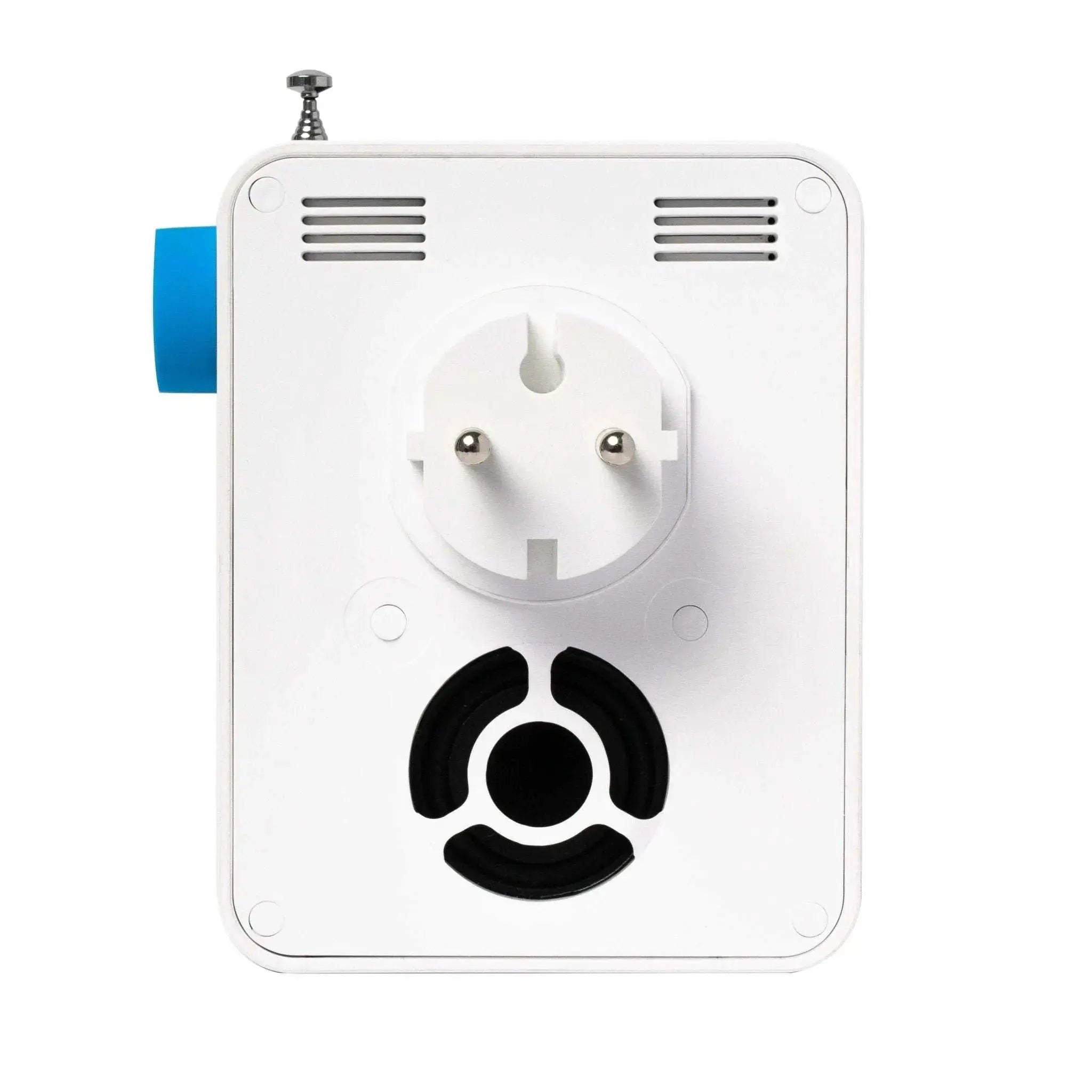 Weißes kompaktes Steckdosenradio mit Bluetooth und DAB+, blaue Lautstärkekappe und integrierter Steckdose, Modell PDB 200