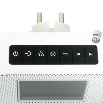 Weißes Steckdosenradio mit Bluetooth, DAB+ Empfang und Bedienknöpfen auf der Oberseite