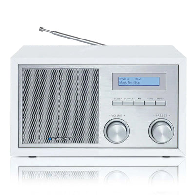 Weißes Nostalgieradio mit DAB+ und Bluetooth, Aluminiumfront und Holzgehäuse, Blaupunkt RXD 180