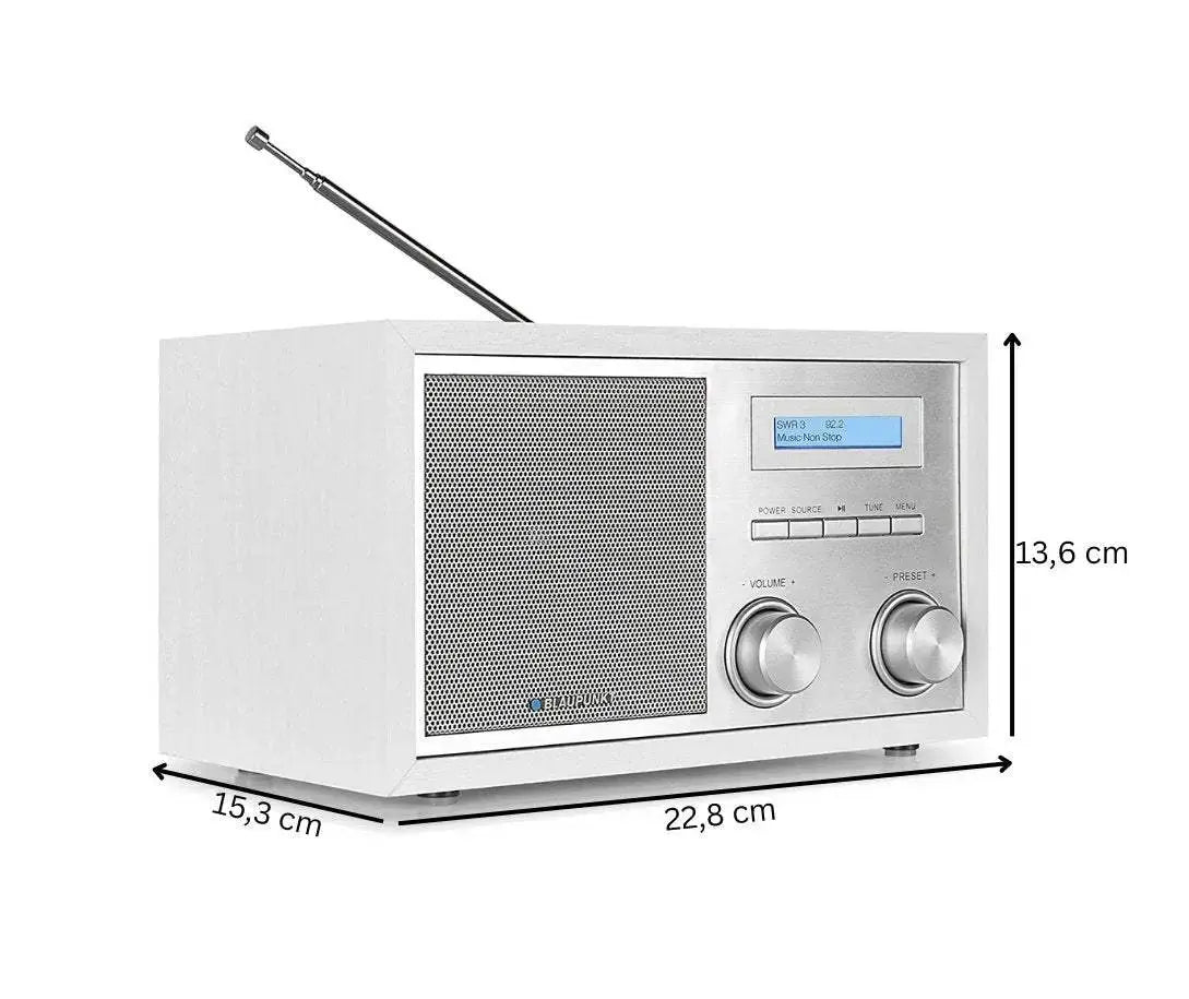 Weißes Nostalgieradio mit DAB+ und Bluetooth, Holzgehäuse und Aluminiumfront, Blaupunkt RXD 180