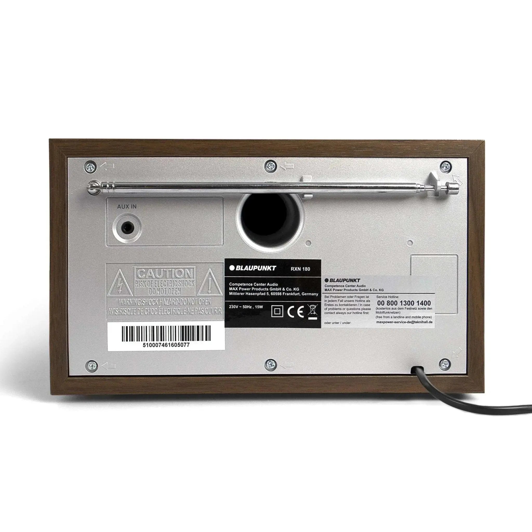 Blaupunkt RXN 180 Nostalgieradio mit Bluetooth, Walnuss-Holzgehäuse und AUX-Anschluss, Rückseite mit Teleskopantenne