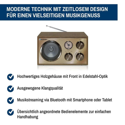 Retro Bluetooth radio RXN 180 with wooden case and stainless steel front for streaming music