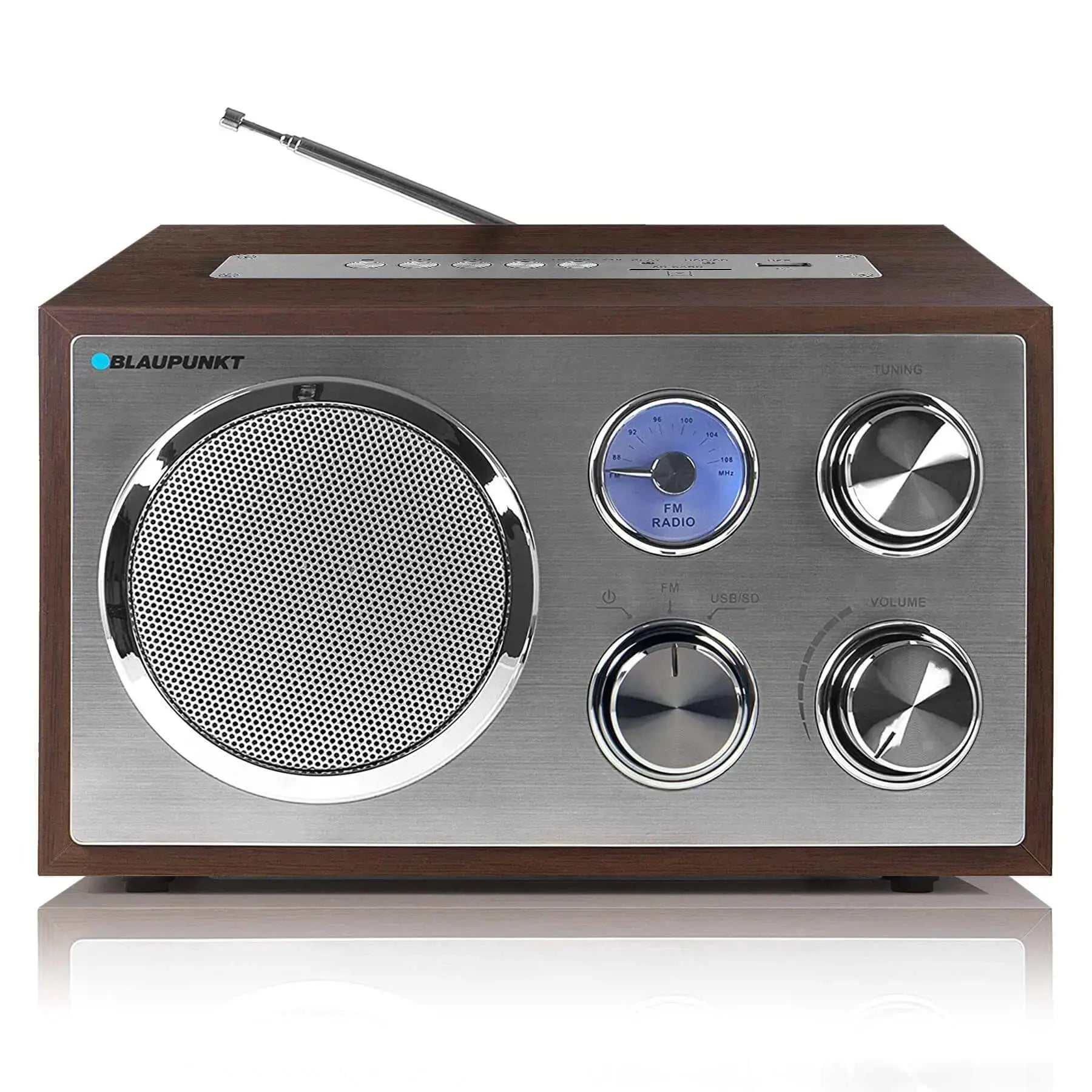 Blaupunkt RXN 19 Nostalgieradio mit USB, Alu-Front, Holzgehäuse, UKW-Empfang, Teleskopantenne, USB- und SD-Slot, Drehregler