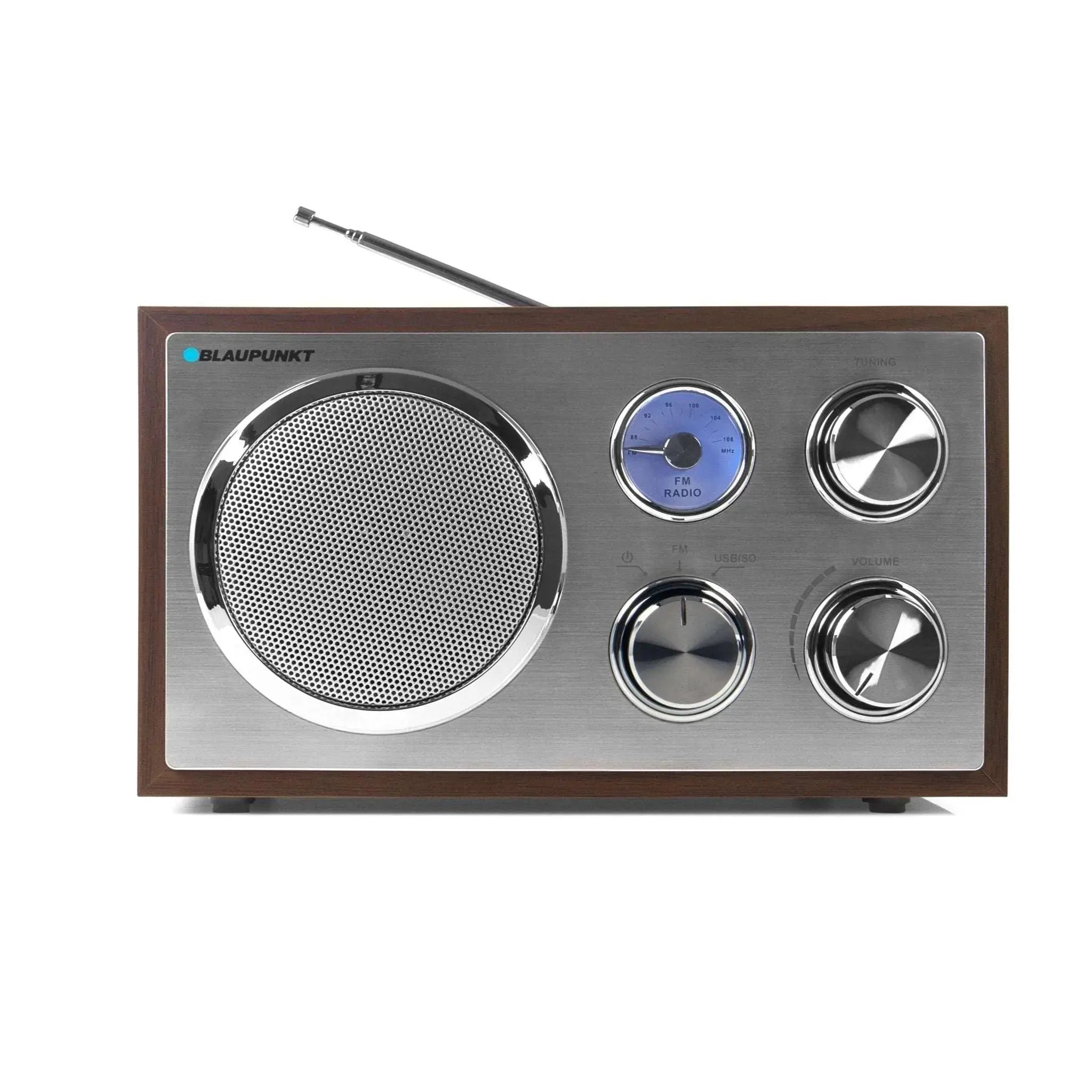 Blaupunkt RXN 19 Nostalgieradio mit Aluminiumfront, Holzgehäuse, USB- und SD-Kartenslot, Teleskopantenne und Drehreglern